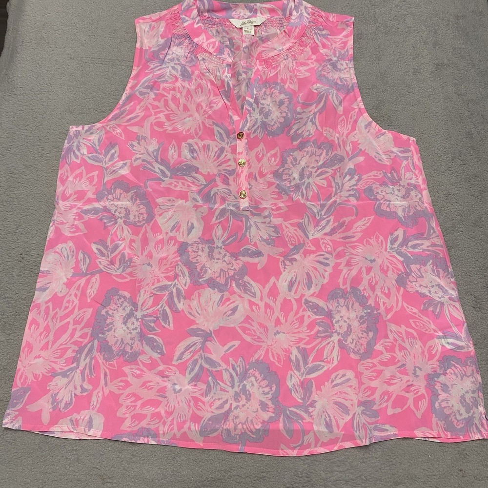 Lilly Pulitzer Silk Elsa Top Large Rousseau Pink Zen Garden Sleeveless